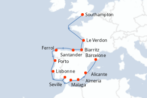 Carte itinéraire croisière - 12 jours au départ de Southampton - Méditerranée