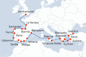 Carte itinéraire croisière - 22 jours au départ de Southampton - Méditerranée
