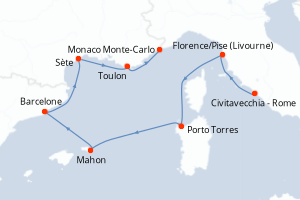 Carte itinéraire croisière - 7 jours au départ de Civitavecchia - Rome - Méditerranée