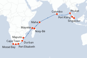 Carte itinéraire croisière - 24 jours au départ de Singapour - Afrique du Sud