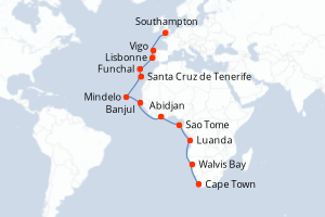 Carte itinéraire croisière - 24 jours au départ de Cape Town - Europe du Nord