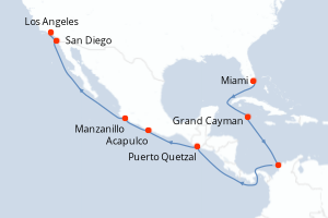 Carte itinéraire croisière - 15 jours au départ de Miami - Amérique du Nord