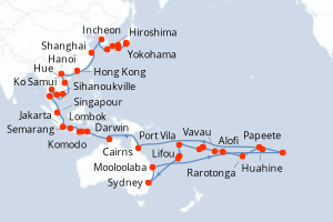 Carte itinéraire croisière  - 62 jours au départ de Papeete - Asie