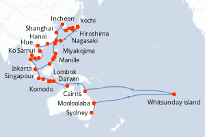 Carte itinéraire croisière  - 58 jours au départ de Sydney - Asie