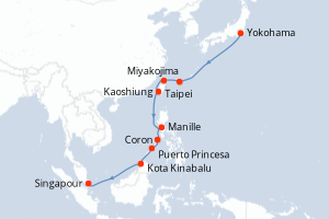 Carte itinéraire croisière - 14 jours au départ de Yokohama - Asie