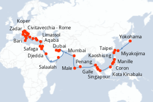 Carte itinéraire croisière - 65 jours au départ de Yokohama - Méditerranée