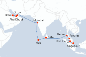 Carte itinéraire croisière  - 18 jours au départ de Singapour - Mer Rouge Océan Indien