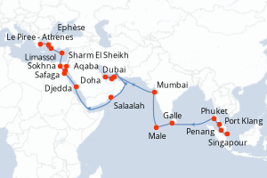 Carte itinéraire croisière - 38 jours au départ de Singapour - Méditerranée