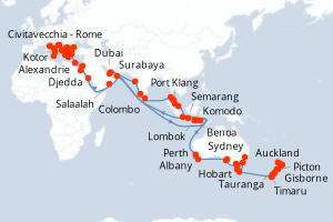 Carte itinéraire croisière - 96 jours au départ de Auckland - Tour du Monde