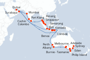 Carte itinéraire croisière - 44 jours au départ de Sydney - Moyen-Orient Dubaï