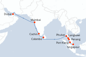 Carte itinéraire croisière - 17 jours au départ de Singapour - Moyen-Orient Dubaï