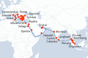 Carte itinéraire croisière - 55 jours au départ de Singapour - Méditerranée
