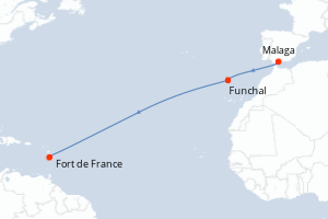Carte itinéraire croisière - 12 jours au départ de Malaga - Transatlantique