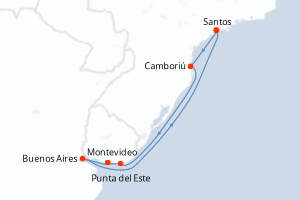 Carte itinéraire croisière - 8 jours au départ de Santos - Brésil
