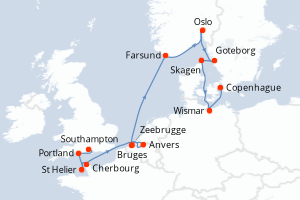 Carte itinéraire croisière - 14 jours au départ de Southampton - Europe du Nord