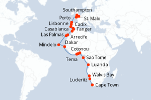 Carte itinéraire croisière - 38 jours au départ de Cape Town - Europe du Nord