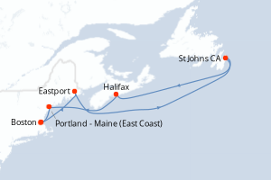 Carte itinéraire croisière - 7 jours au départ de Boston - Amérique du Nord