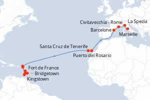 Carte itinéraire croisière - 20 jours au départ de Civitavecchia - Rome - Transatlantique