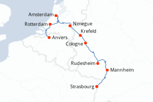 Carte itinéraire croisière La Hollande et la vallée du Rhin romantique - 10 jours au départ de Anvers - Europe du Nord