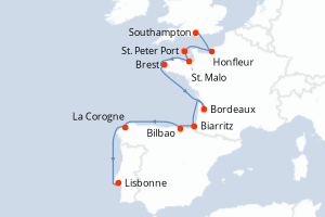 Carte itinéraire croisière - 12 jours au départ de Southampton - Atlantique