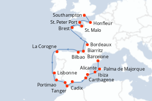 Carte itinéraire croisière - 23 jours au départ de Southampton - Méditerranée