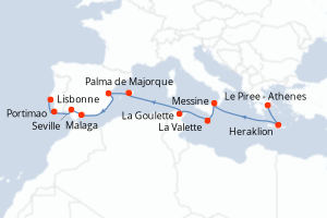 Carte itinéraire croisière - 14 jours au départ de Le Piree - Athenes - Atlantique
