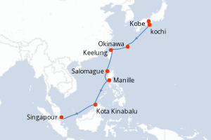 Carte itinéraire croisière - 13 jours au départ de Kobe - Asie