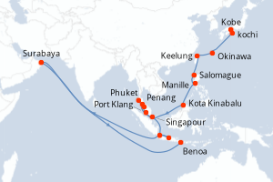 Carte itinéraire croisière  - 25 jours au départ de Kobe - Asie