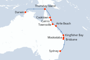 Carte itinéraire croisière - 16 jours au départ de Darwin - Australie Nouvelle Zélande