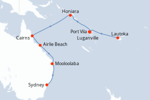 Carte itinéraire croisière - 16 jours au départ de Lautoka - Australie Nouvelle Zélande
