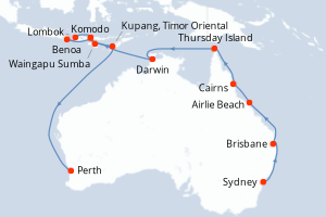 Carte itinéraire croisière  - 24 jours au départ de Sydney - Australie Nouvelle Zélande