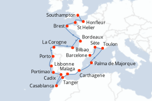 Carte itinéraire croisière  - 22 jours au départ de Barcelone - Europe du Nord