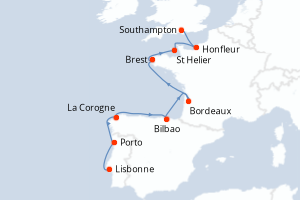 Carte itinéraire croisière  - 11 jours au départ de Lisbonne - Europe du Nord