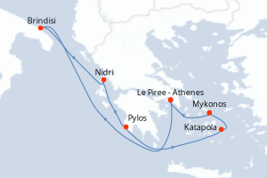 Carte itinéraire croisière - 7 jours au départ de Le Piree - Athenes - Méditerranée