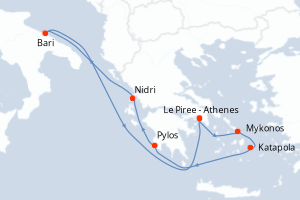 Carte itinéraire croisière - 7 jours au départ de Le Piree - Athenes - Méditerranée