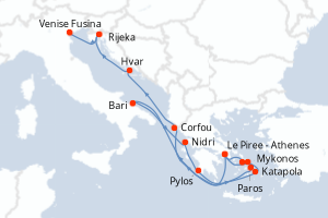 Carte itinéraire croisière - 14 jours au départ de Le Piree - Athenes - Méditerranée