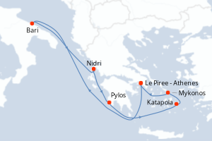 Carte itinéraire croisière - 7 jours au départ de Le Piree - Athenes - Méditerranée