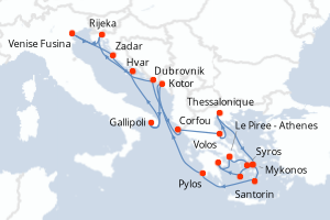 Carte itinéraire croisière  - 21 jours au départ de Le Piree - Athenes - Méditerranée