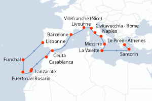 Carte itinéraire croisière - 22 jours au départ de Le Piree - Athenes - Atlantique