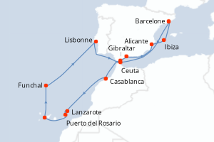 Carte itinéraire croisière - 19 jours au départ de Barcelone - Méditerranée