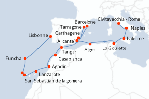 Carte itinéraire croisière - 21 jours au départ de Civitavecchia - Rome - Atlantique
