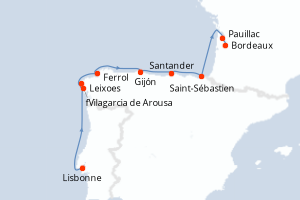 Carte itinéraire croisière - 9 jours au départ de Lisbonne - Garonne Dordogne