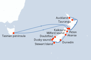 Carte itinéraire croisière - 13 jours au départ de Dunedin - Australie Nouvelle Zélande
