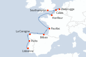 Carte itinéraire croisière - 10 jours au départ de Lisbonne - Europe du Nord