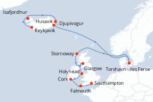 Carte itinéraire croisière - 12 jours au départ de Reykjavik - Europe du Nord