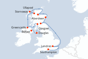 Carte itinéraire croisière  - 11 jours au départ de Southampton - Europe du Nord