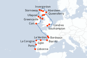 Carte itinéraire croisière - 21 jours au départ de Southampton - Atlantique