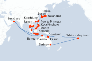 Carte itinéraire croisière - 51 jours au départ de Sydney - Asie