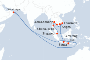 Carte itinéraire croisière - 16 jours au départ de Benoa - Asie