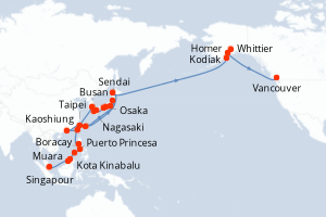 Carte itinéraire croisière - 39 jours au départ de Singapour - Alaska